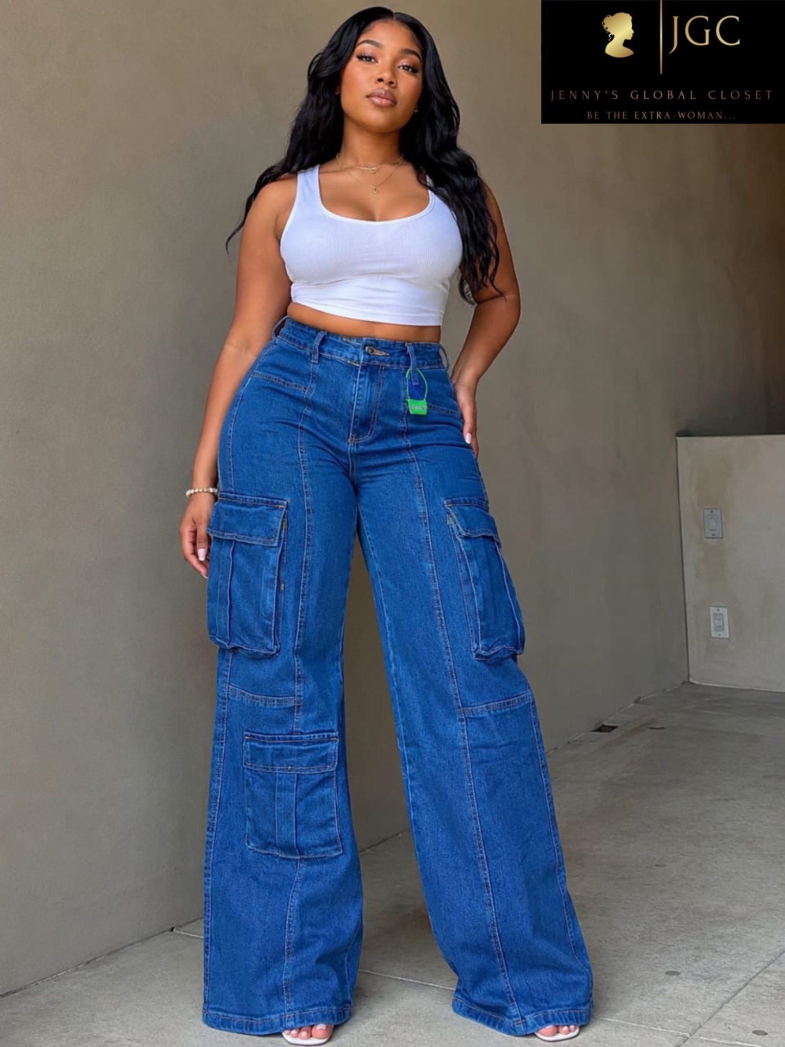 photo-output Utility Pocket Cargo Denim Pants - Image 1